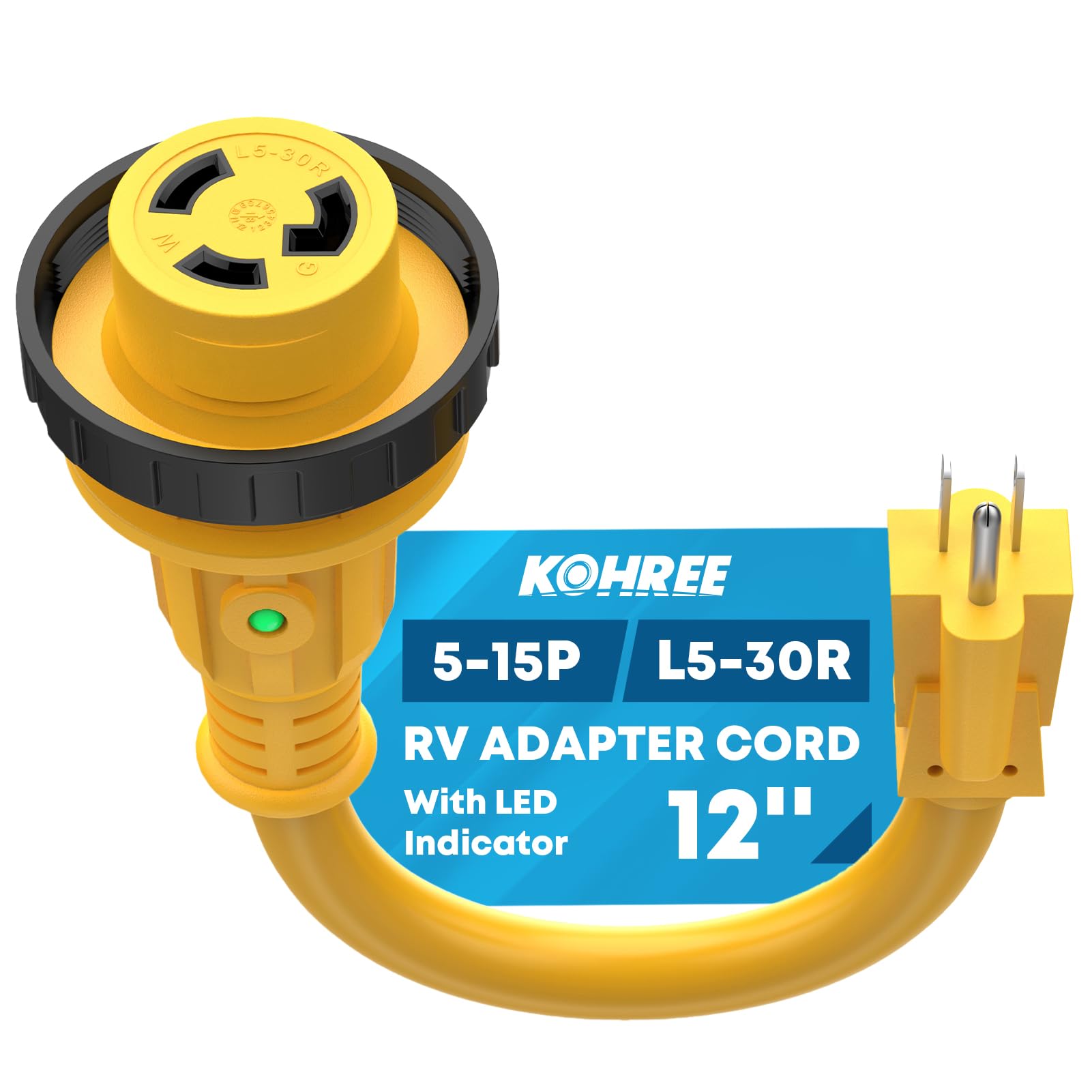 Kohree Rv Adapter Plug 30 Amp To 15 Amp 110V, Rv Power Electrical Adapter Cord 15A Male To 30A Female 12'' With Twist Lock & Led