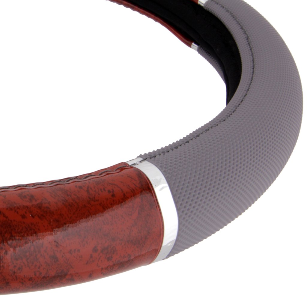 BDK Dark Wood Grain Steering Wheel Cover, 15 Universal Fit, Gray Faux Leather Grip for Auto, Truck, Van, SUV