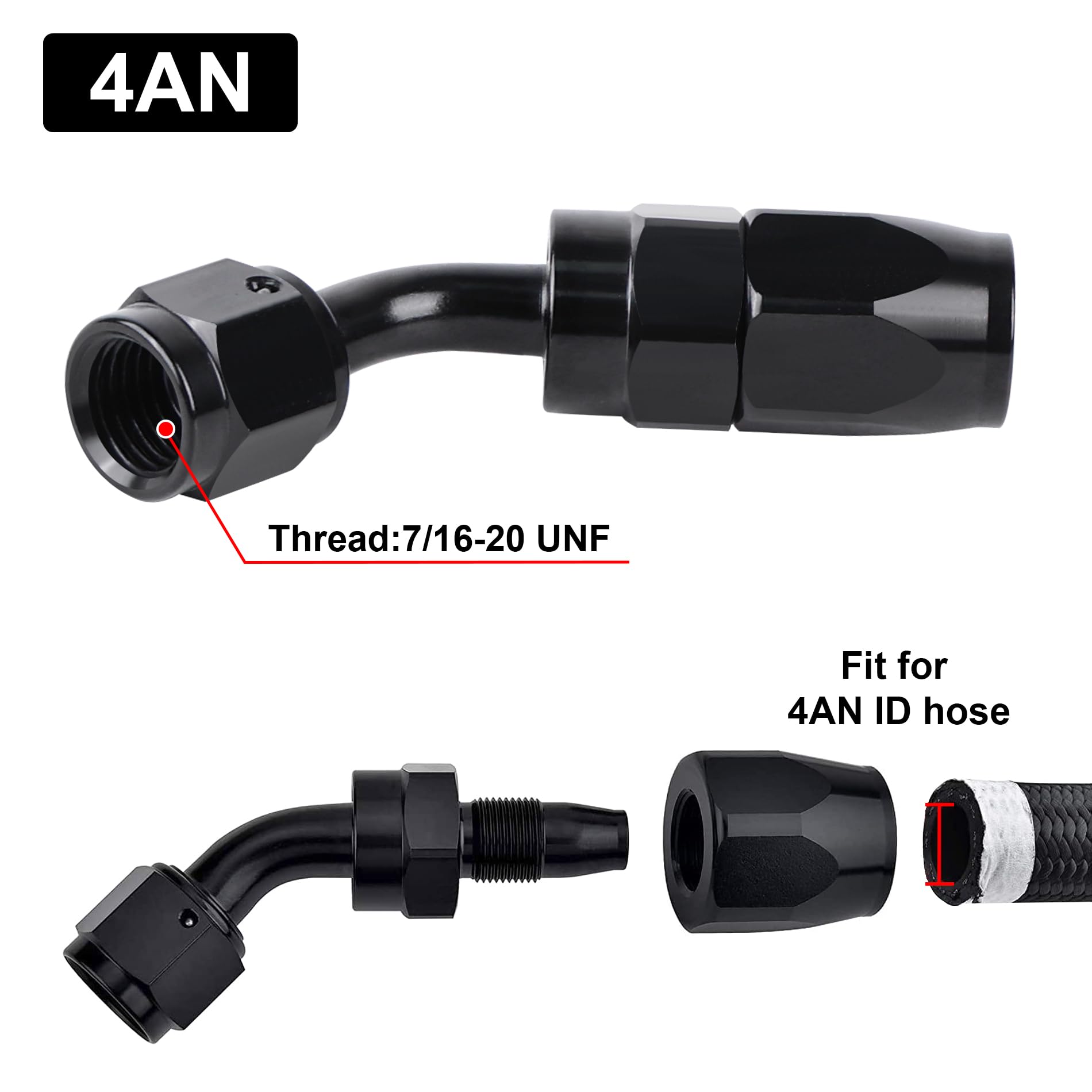 Evil Energy 4An Hose End Fitting 45 Degree Swivel For Cpe Braided Hose Black 2Pcs