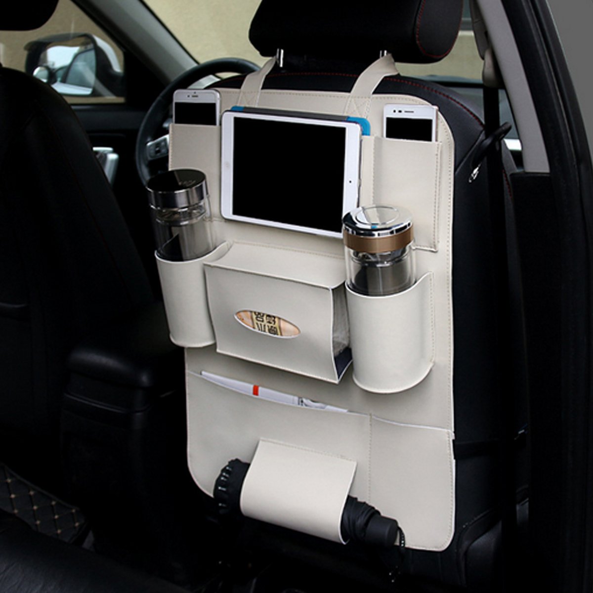 Spedy MultiFunctional PU Leather Car Back Seat Storage Bag Multi Pocket Phone Cup Holder Organizer  White