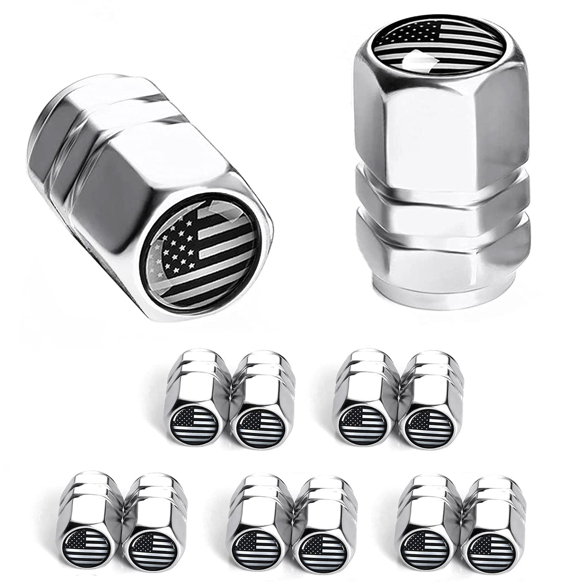 Dsycar 12 Pack Chrome American Flag Valve Stem Cap Aluminum Hexagon Design, With Rubber Ring, Universal Fits Cars, Trucks, Motorcycles, Bicycles (Hexagon Silver/American Flag)