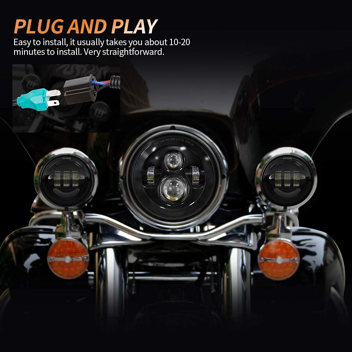 7 Inch Round Led Headlight Bulb Kit With 4.5 Inch Passing Lamps Fog Lights Mounting Ring For Street Glide Ultra Classic Road Kin