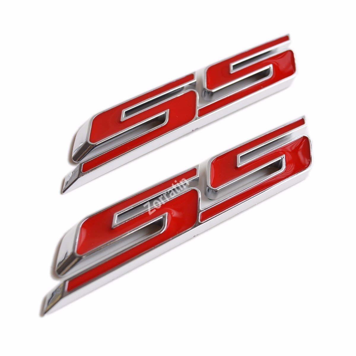 zorratin Slant SS Grill Side Trunk Emblem Badge Decal with Adhesive for Chevrolet Chevy Camaro Impala Malibu Holden 2010-2015 [red Letter with Chrome Trim]