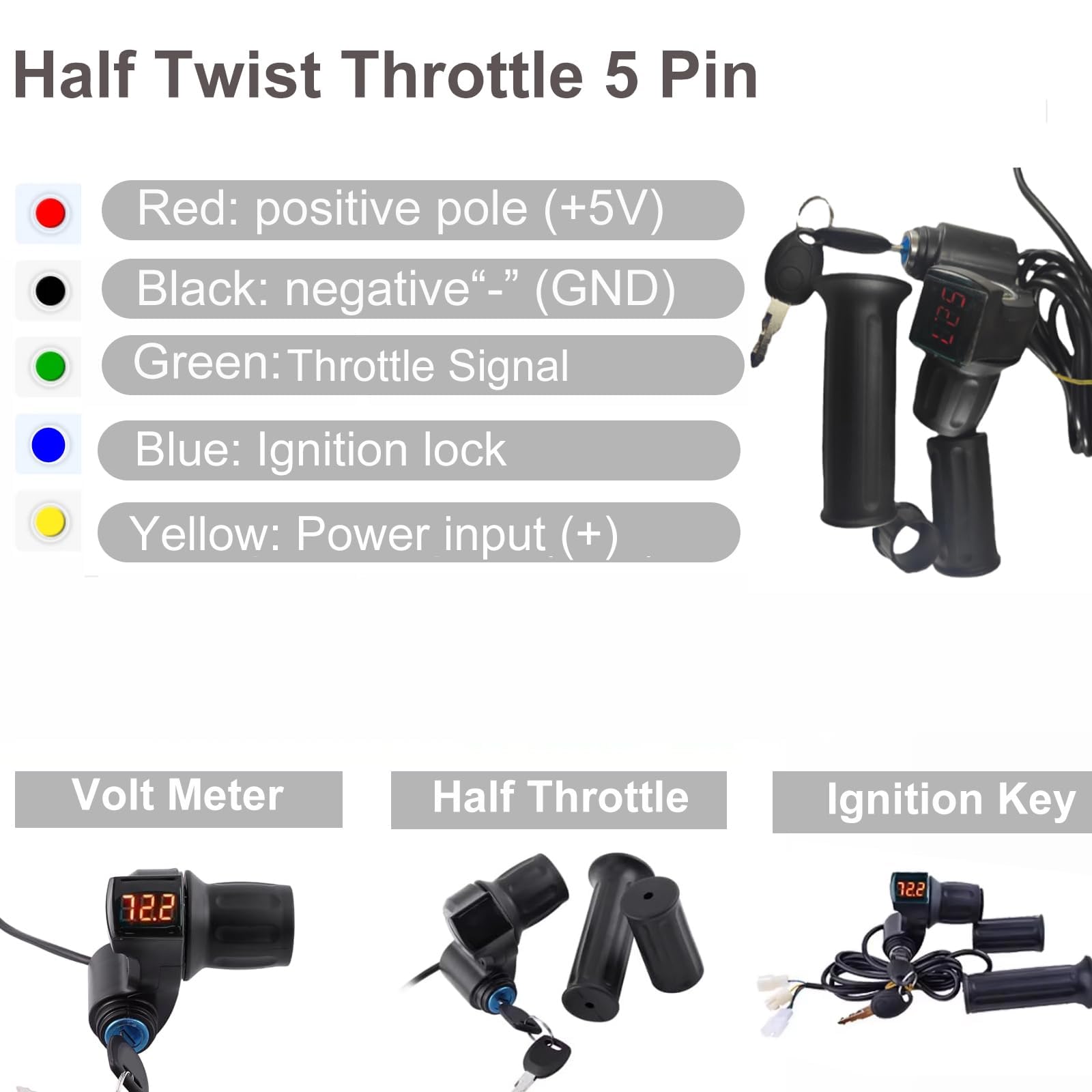 Half Twist Throttle 24V 36V 48V 72V Voltage Display Throttle Electric Motorcycle Throttle with Key Igination, Electric Scooter B