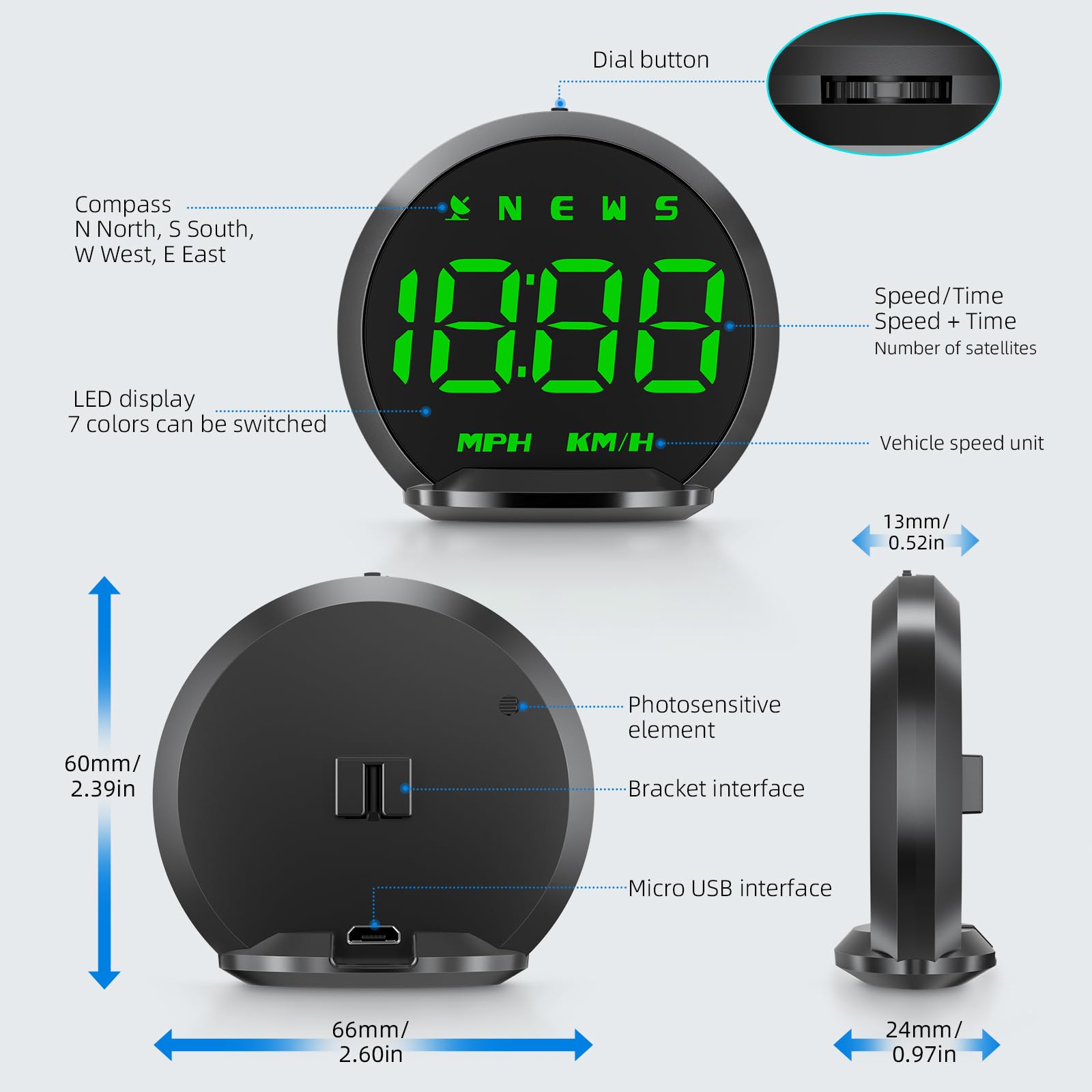 Acecar Digital Gps Speedometer New Hud Car Head Up Display Lcd Display With Mph Digital Speed Compass Direction Driving Distance