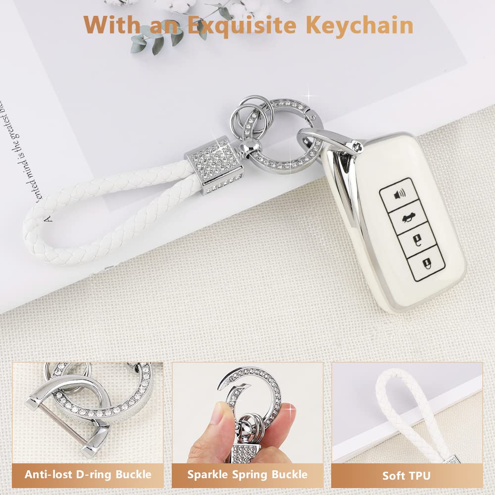 Pifoog White Key Fob Cover For Lexus Rx Nx Is Es Gs Ls Rc 4 -Button Smart Keys Case Protector Soft Tpu Glittering Keychain Lanyard Car Accessories Girly Cute