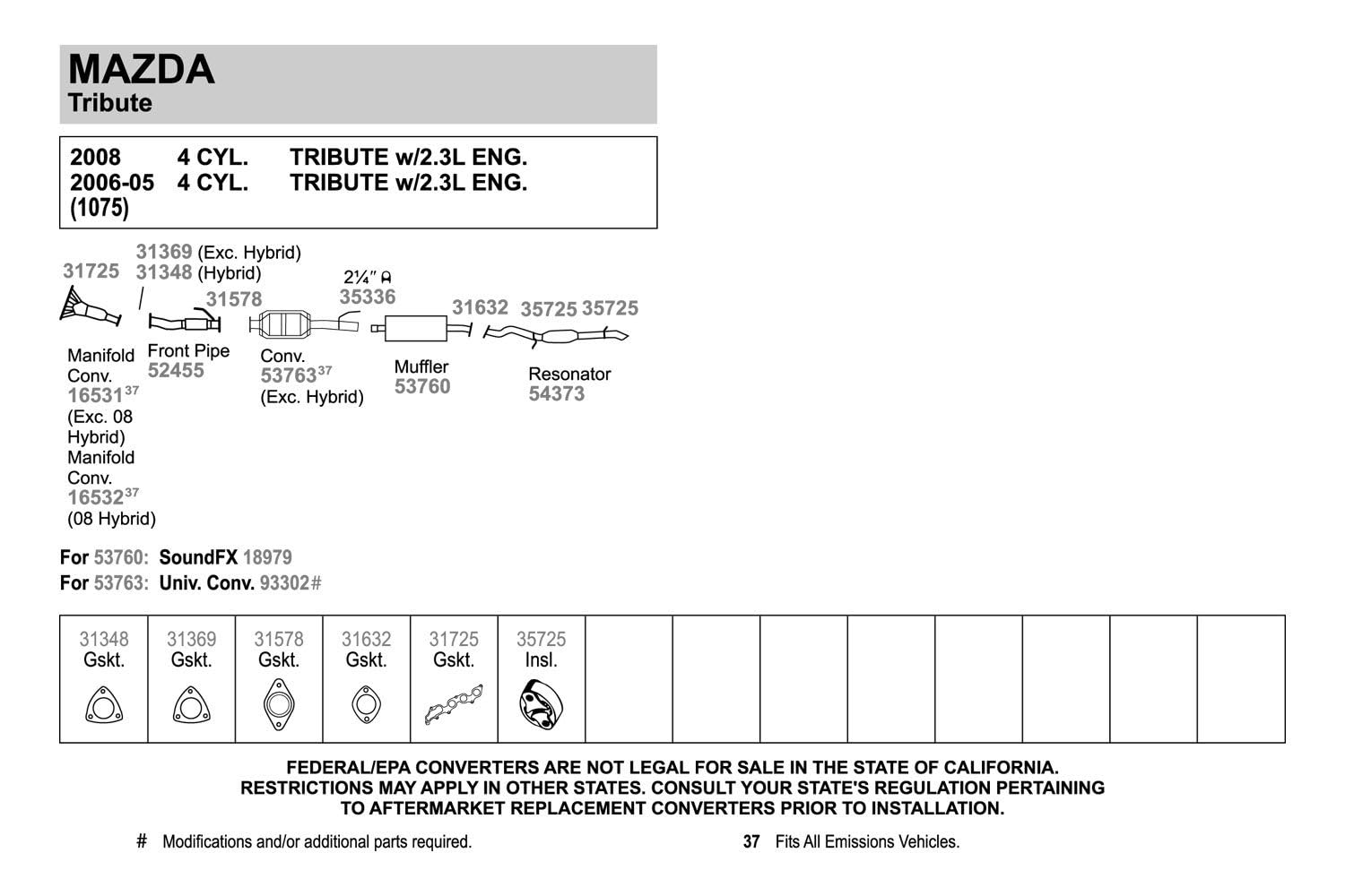 Walker 54373 Direct Fit Exhaust Resonator And Pipe Assembly 2.25 Outlet (Od) For Ford Escape