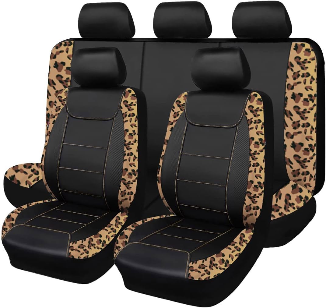 Flying Banner Car Seat Covers Protects Leopard Printing Velvet Faux Leather Carbon Fiber Front And Rear Bench (Leopard Brown Bla