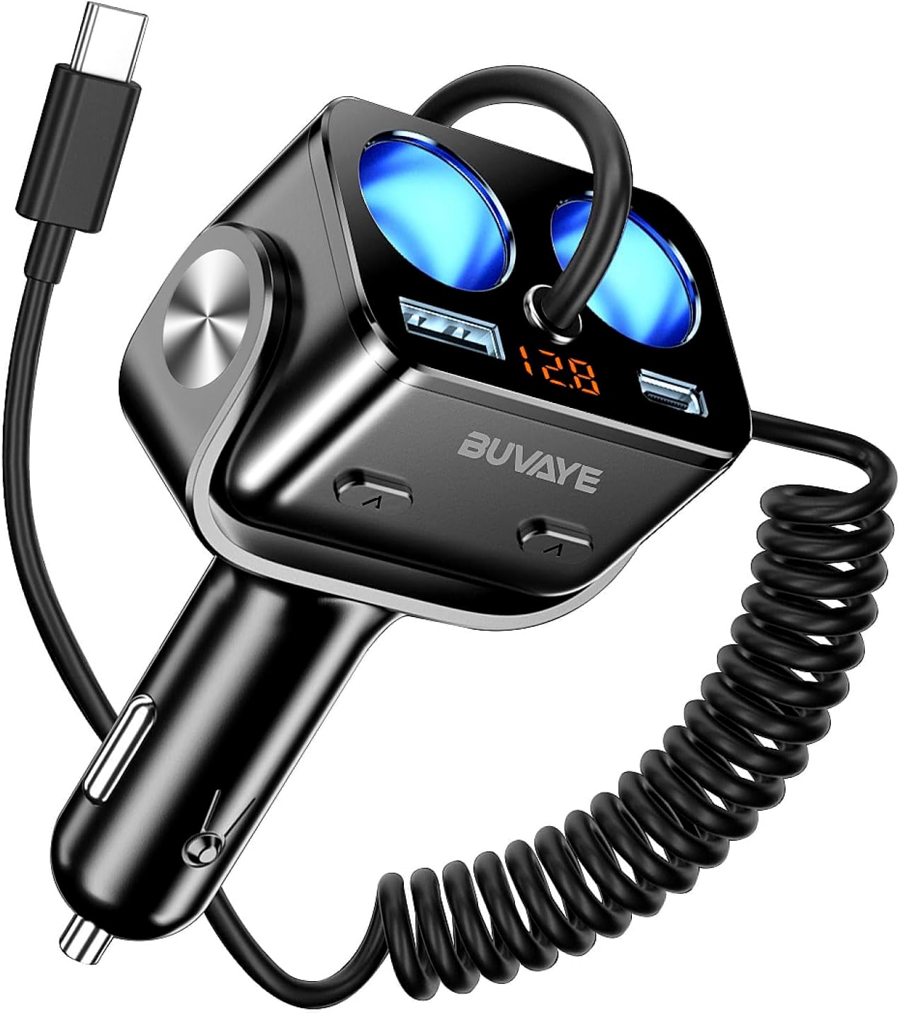 5 In 1 Cigarette Lighter Splitter With 5Ft Coiled Cable, 2-Socket Cigarette Lighter Adapter, Dual Car Charger Splitter, 12V/24V