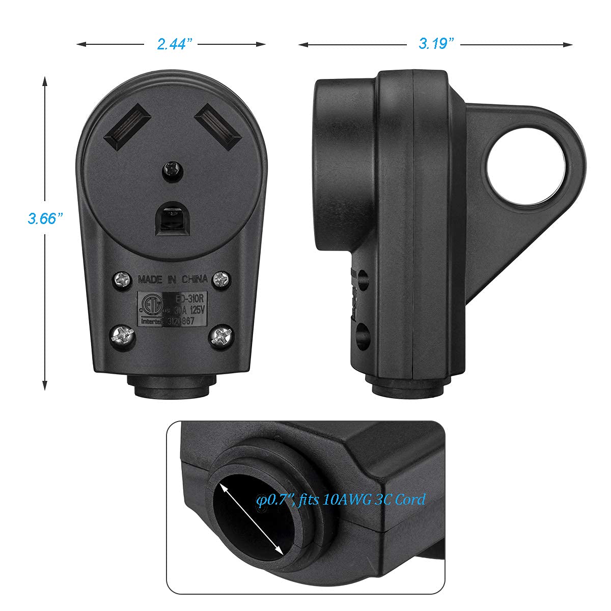 Veepeak 30 Amp Rv Receptacle Female Replacement Plug Tt-30R Heavy Duty 125V 30A Rated 3 Prong Electrical Power Connector Extension Cord End With Easy To Grip Handle