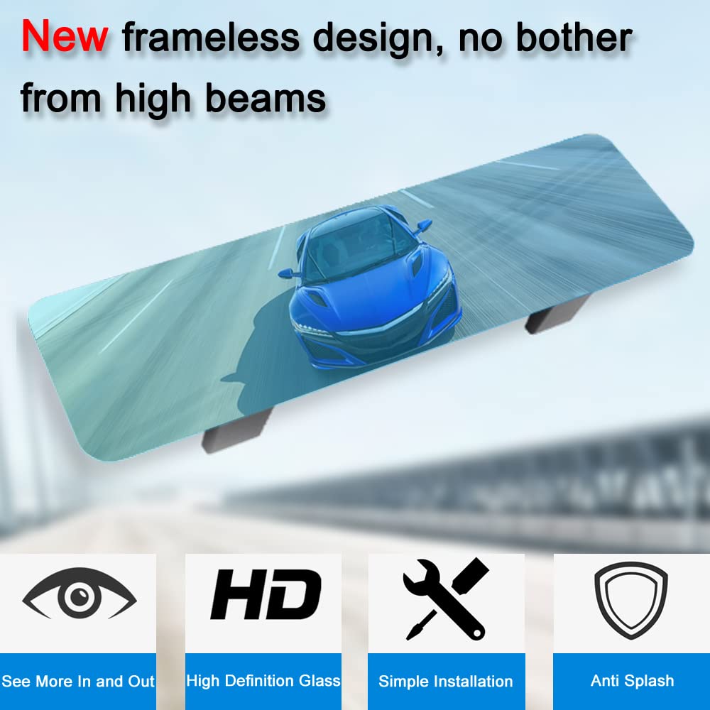 (Newest Version)Skycrophd Frameless Anti Glare Rear View Mirror Interior Panoramic Wide Angle Mirror Eliminate Blind Spots For Car Suv Truck - Flat,11.8In (Blue)
