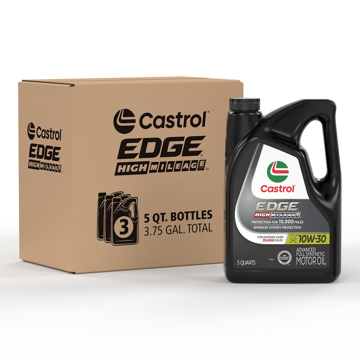 Castrol Edge High Mileage 10W-30 Advanced Full Synthetic Motor Oil, 5 Quart, Pack Of 3