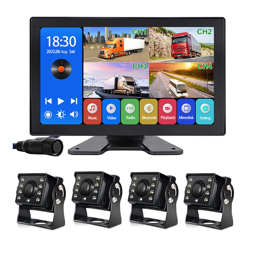 Eversecu 4K Car Backup Cameras System With 10.1'' Touch Screen Quad Display Monitor & 4Pcs 1080P Backup Ahd Cameras, Mp5 Player,
