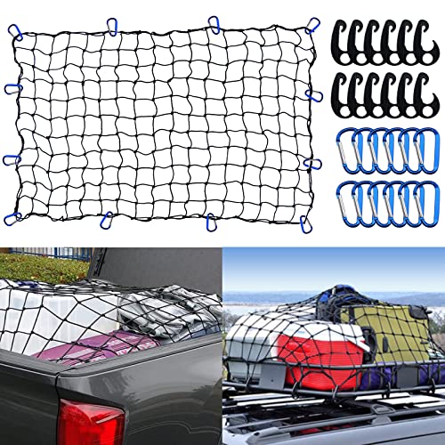 Funmit 4 X 6 Ft Cargo Net For Pickup Truck Bed With 24 Carabiners Stretches To 8' X 12' Small Mesh Luggage Bungee Cargo Netting