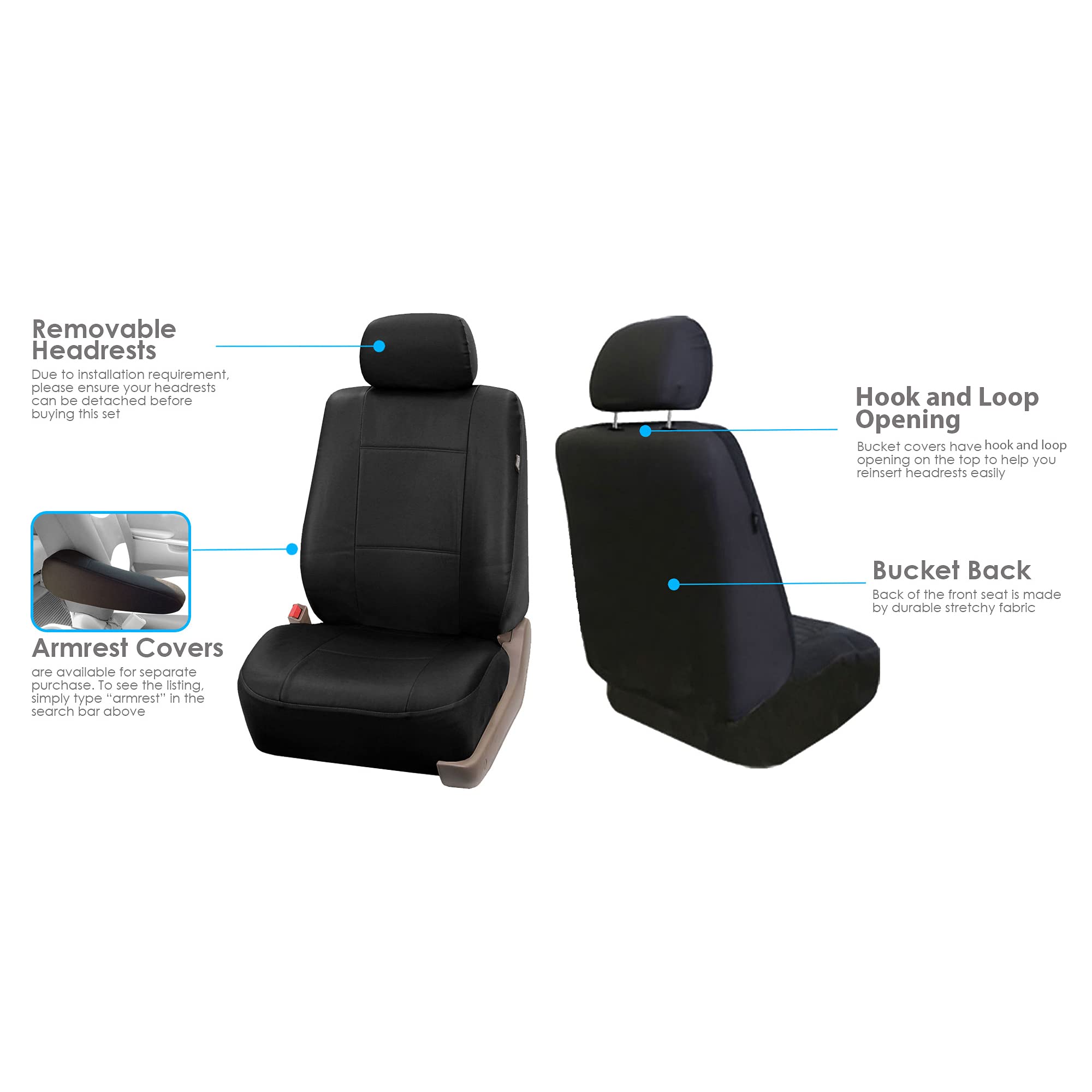FH Group Car Seat Covers PU Leather Automotive Seat Covers Front Set, Black Seat Covers Pair Set with Gift Universal Fit Interio