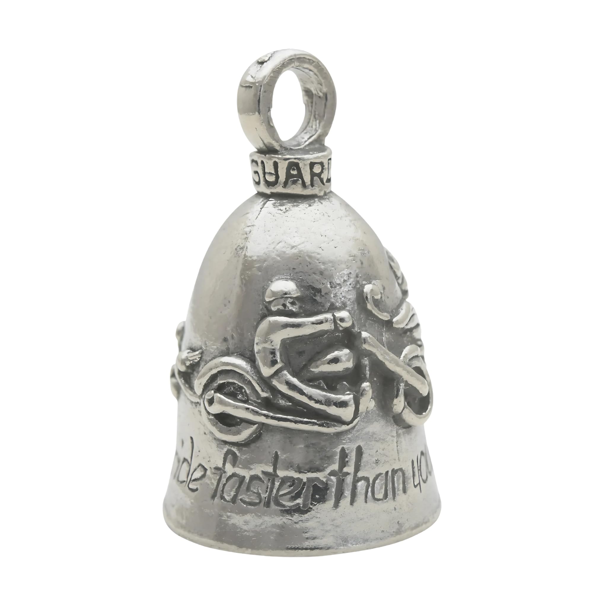 Guardian Bell Never Ride Faster Than Your Angel Can Fly Good Luck Bell w/Keyring & Black Velvet Gift Bag | Motorcycle Bell | Lea