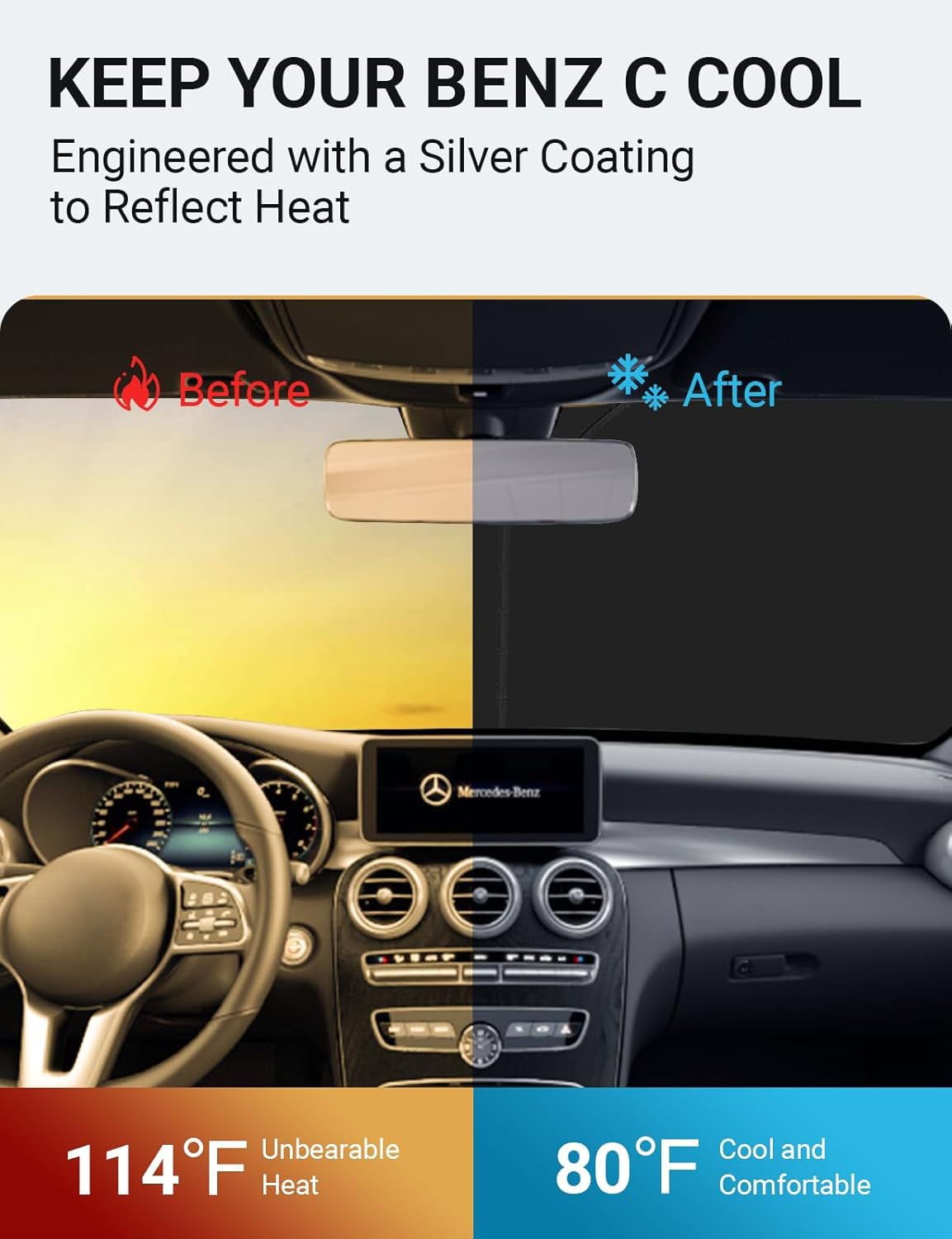 Proadsy 2025 Upgrade Windshield Sun Shade Custom Fit Mercedes Benz C Class 2015-2021 4-Layer Foldable Front Sunshade Protector S