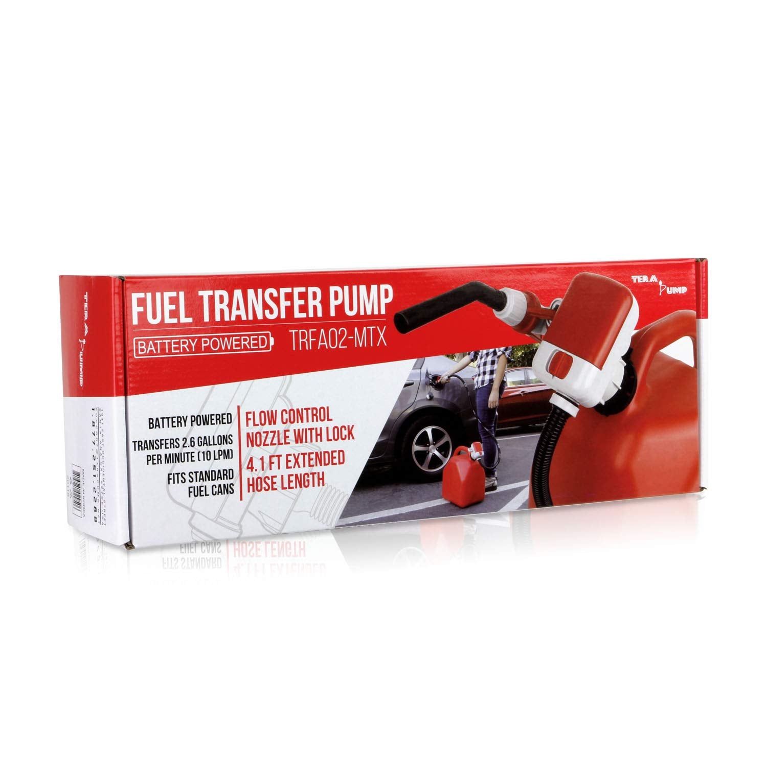 TERA PUMP Gas Can Liquid Transfer Pump Battery Operated (4 AA batteries), 4.1 ft. Long Hose w/Gas Pump Nozzle for Easy Flow Control, Fast Flow 2.5 Gal/Min