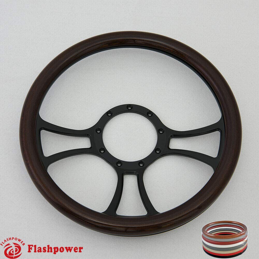 Flashpower 14'' Billet Half Wrap 9 Bolts Steering Wheel With 2'' Dish And Horn Button(Walnut Wood)