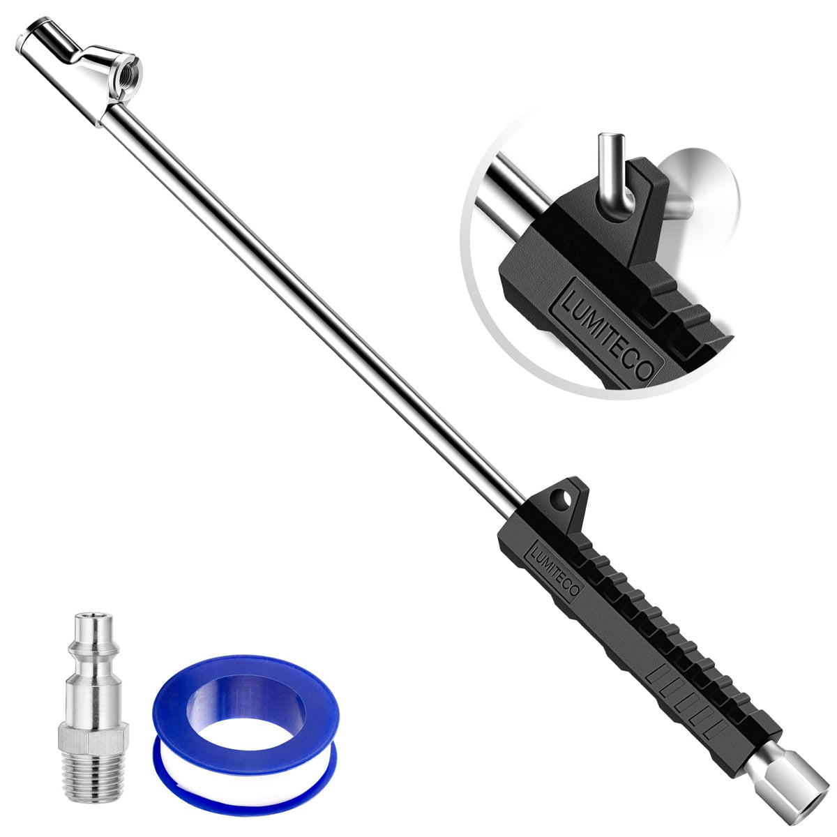 14'' Extended Reach Dual Head Air Chuck, 2-Way Connection 1/4'' FNPT Straight Lock On Tire Inflate Chuck, Tire Chuck with Standa
