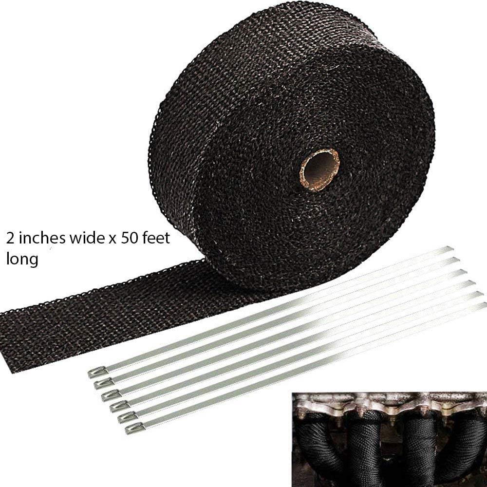 Sunplustrade 2' X 50' Black Exhaust Header Heat Wrap For Motorcycle Cars Heat Shield With Stainless Steel Zip Tie (2 Pack)