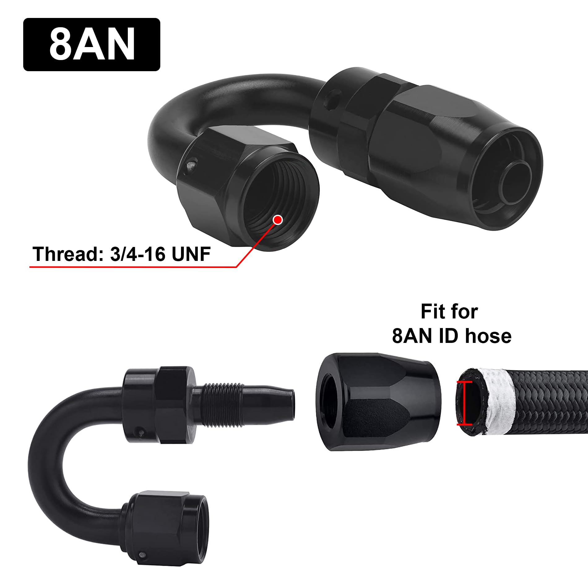 Evil Energy 8An Hose End Fitting 180 Degree Swivel For Cpe Braided Hose Black