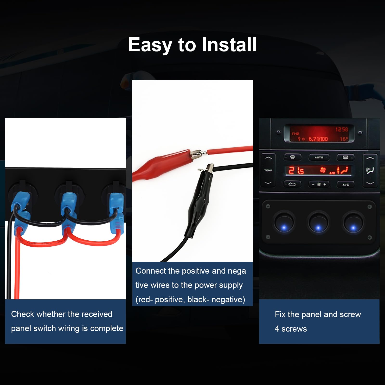 Rvzone 3 Gang Rocker Toggle Switch Panel, Dc 12V 20A Blue Led Switch Panel Round Lighted On Off Spst Switch Control For Ships, Yachts, Rvs, Buses, Trailer, Camper, Boat Etc