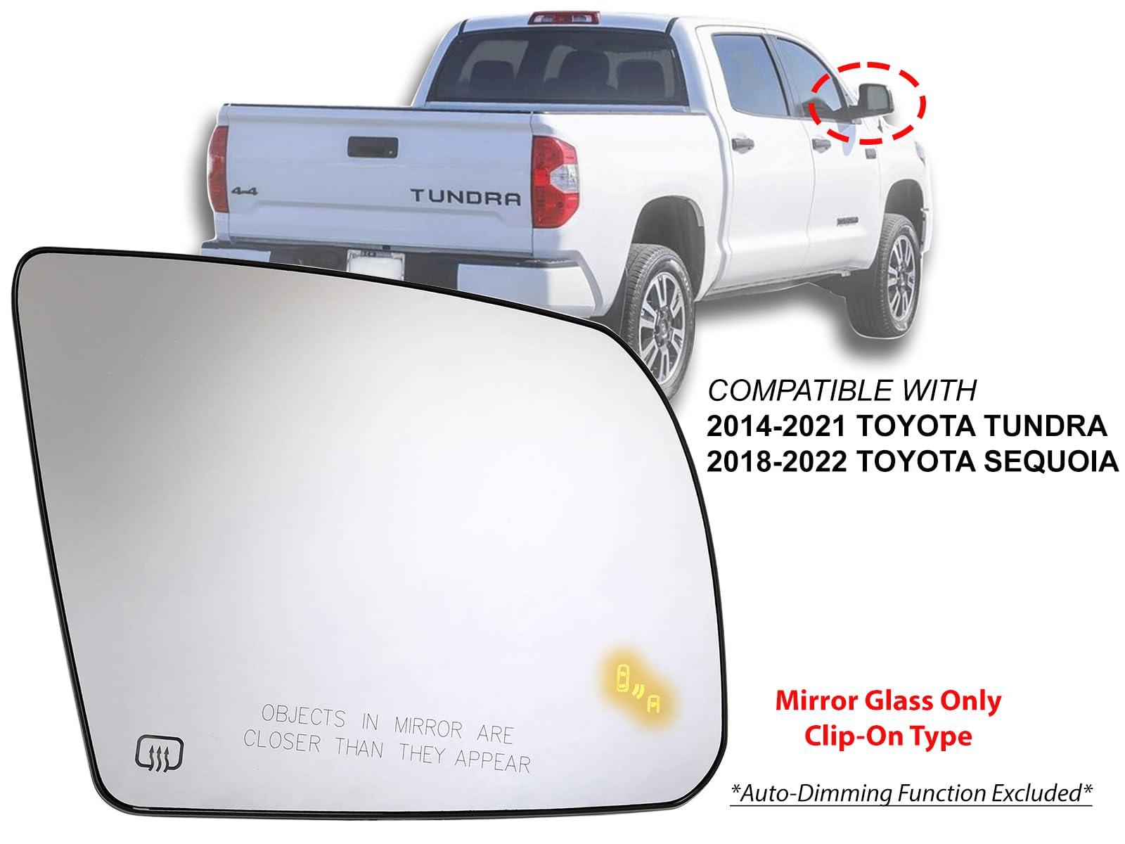 APA Replacement for Exterior Rear View Mirror Glass Power Heated with Blind Spot Detection 2014-2021 Tundra 2018-2022 Sequoia Pa