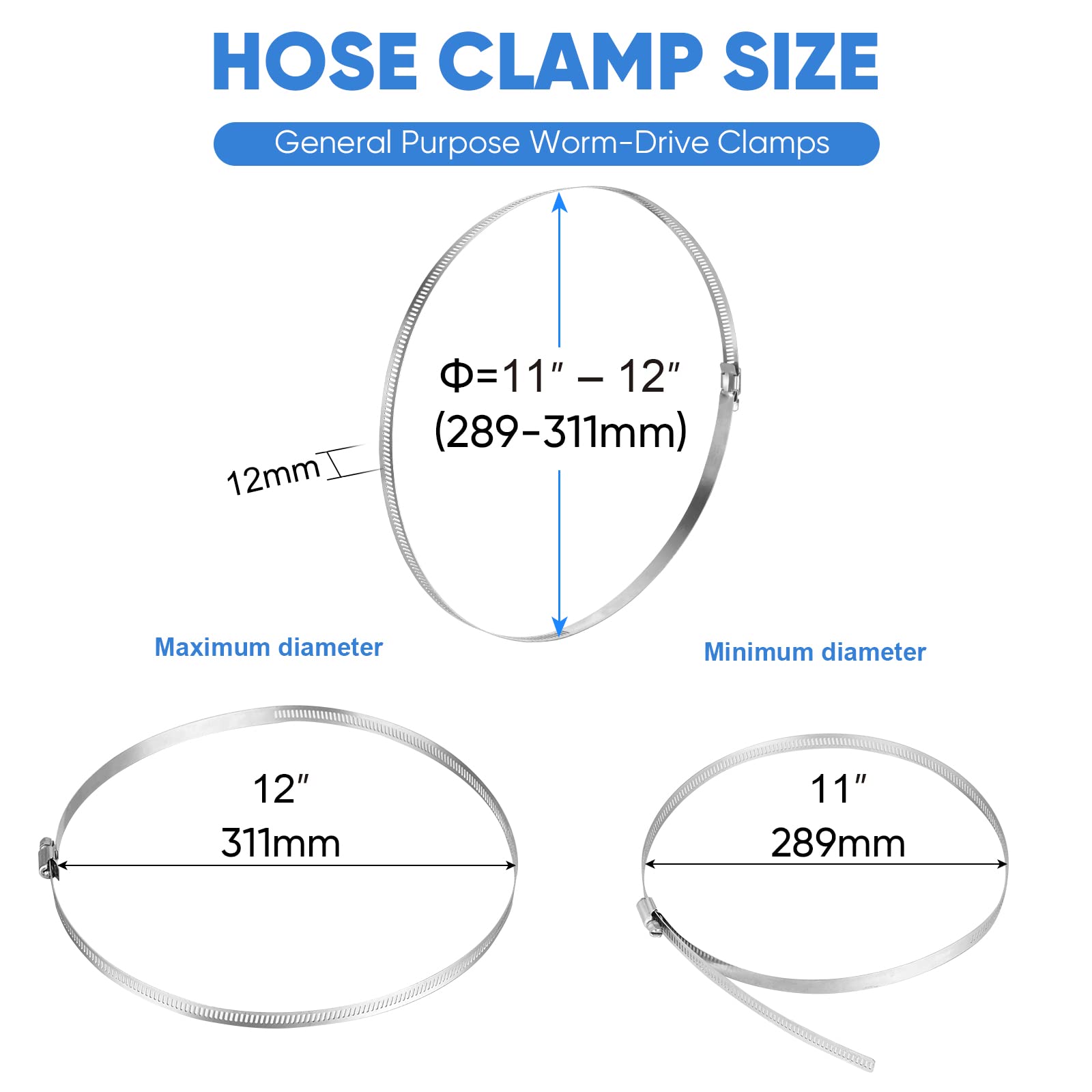 Ticonn 6Pcs Hose Clamp Set - 12 ' ' 304 Stainless Steel Worm Gear Hose Clamps For Pipe, Intercooler, Plumbing, Tube And Fuel Lin