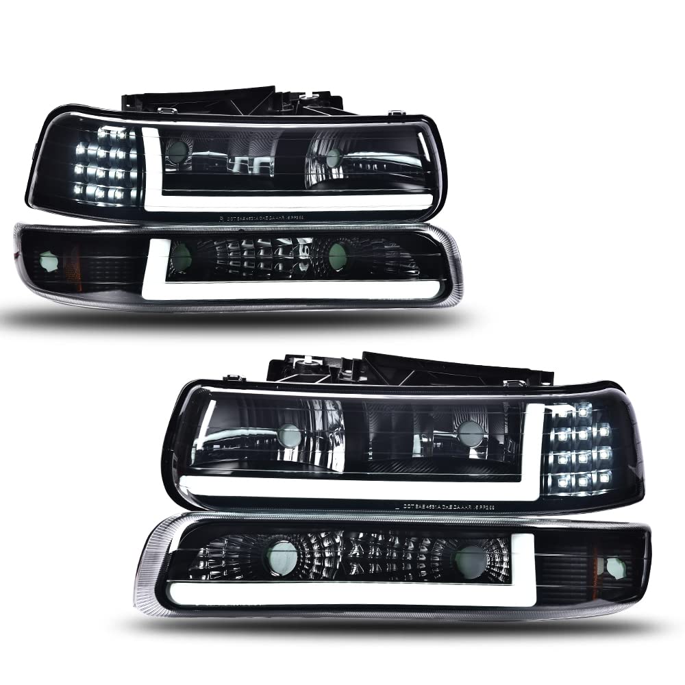 Pit66 Led Drl Headlight Assembly Compatible With Chevy Silverado 1999 2000 2001 2002/ Suburban Tahoe 2000-2006 Front Headlamp, S