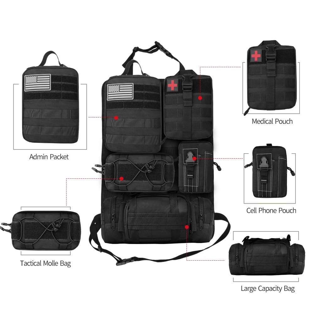 Banklif Universal Tactical Vehicle Seat Back Organizer Panel With 5 Detachable Molle Pouches - Medical, Phone, Storage Pouch, Su