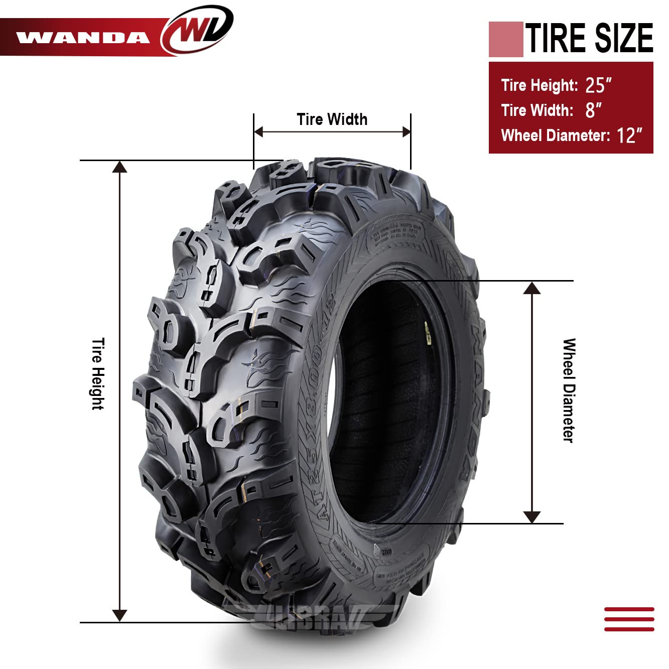 Wanda Set 4 Premium Atv/Utv Tires 25X8-12 25X8X12 Front & Rear Super Lug Mud