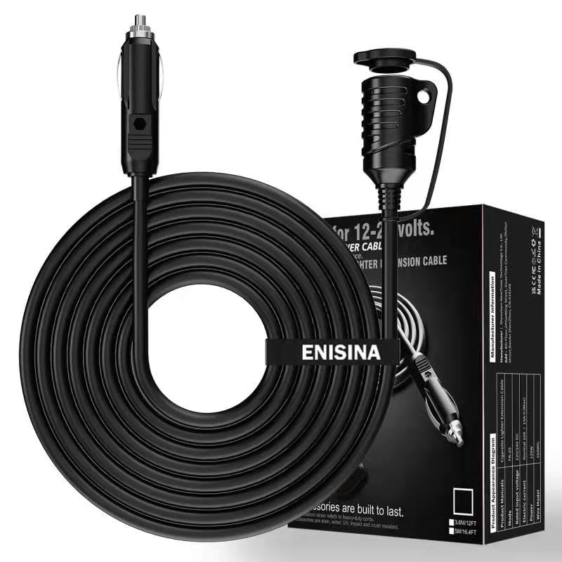 Cigarette Lighter Extension Cable 3.6M-12Ft 16Awg Male To Female Socket, Dc 12V/24V Cigarette Lighter Socket Power Outlet With 1