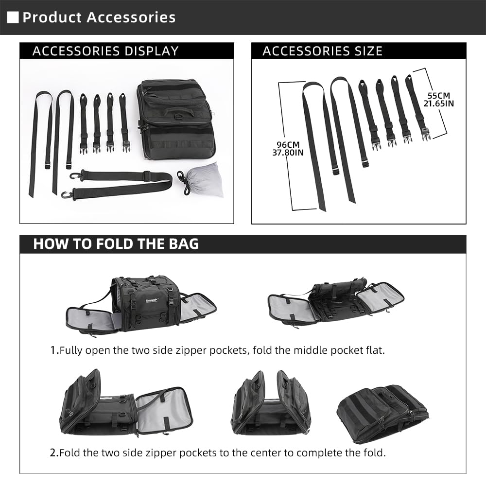 Rhinowalk Motorcycle Tail Bag, Expandable Motorcycle Travel Luggage Bags 33-45L, Waterproof All-Weather Trunk Rack Bag With Siss