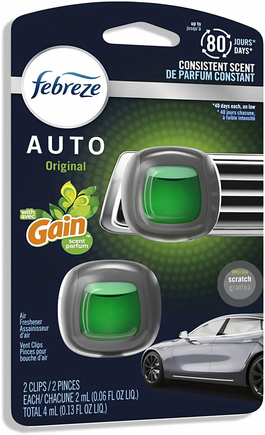 Febreze Car Vent Clip Air Freshener, Odor Eliminator For Up To 30 Days Freshness, 2 Clips (Gain)