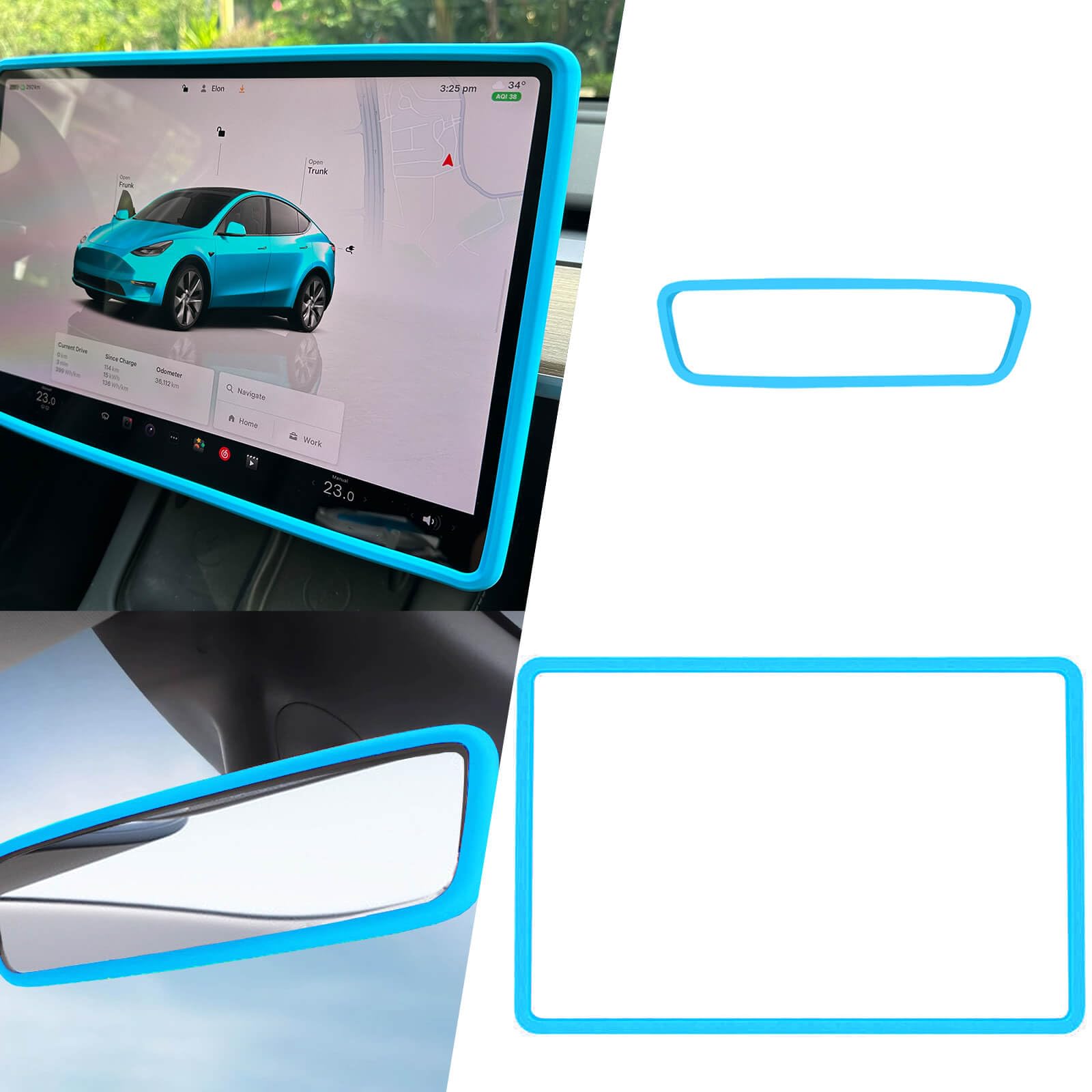 Yeapop 2Pcs Silicone Protector Frames of Screen and Rear View Mirror for Tesla Model 3 2017-2023 and Model Y 2019-Feb.2025. (Blu