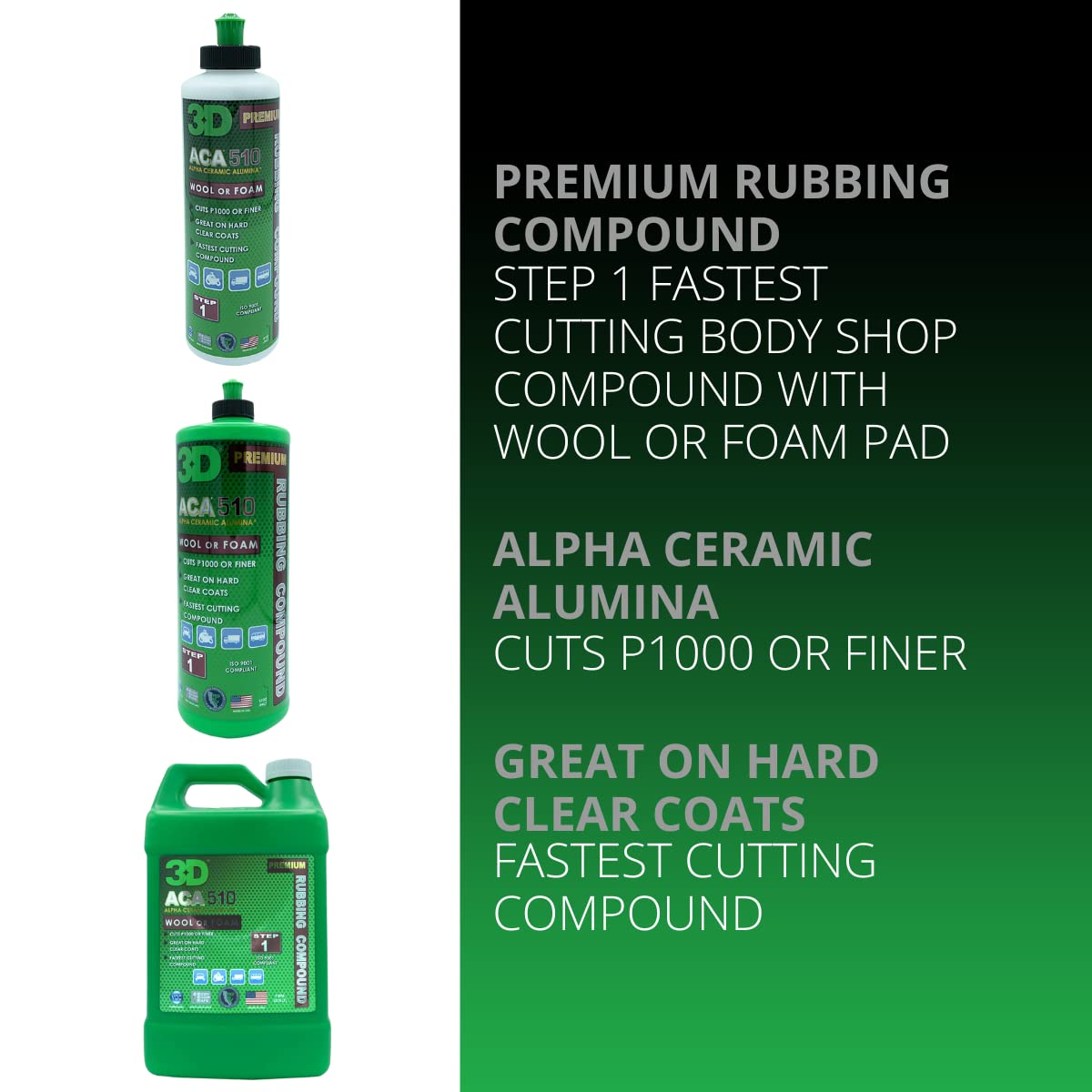 3D Aca 510 Premium Rubbing Compound - 1 Gallon - Step 1 Fastest Cutting Body Shop Compound With Wool Or Foam Pad - Cuts P1000 Or