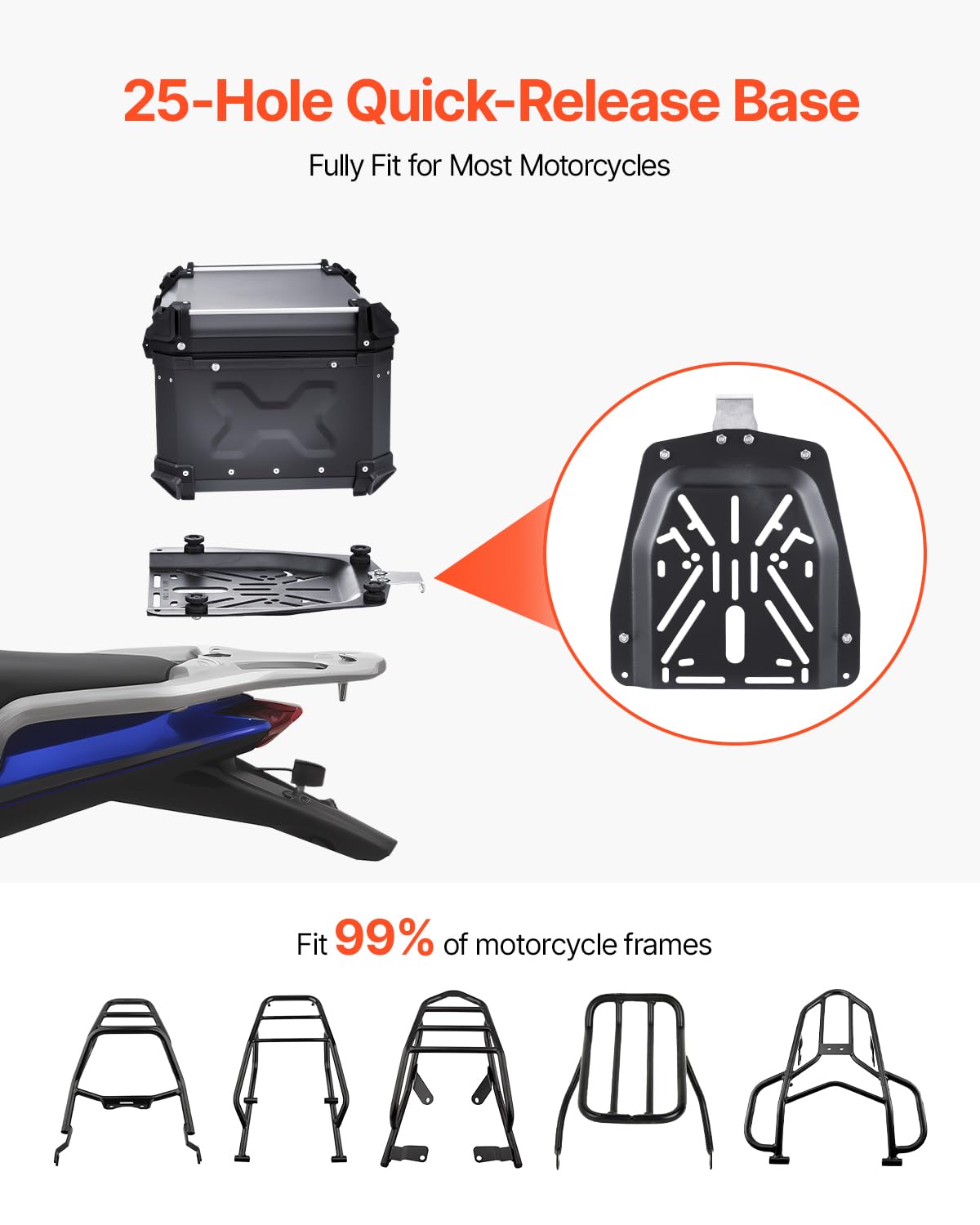 VEVOR Motorcycle Top Case 65L, Universal Aluminum Alloy Motorbike Tail Box with Leather Lining, 65L Waterproof Detachable Motorc