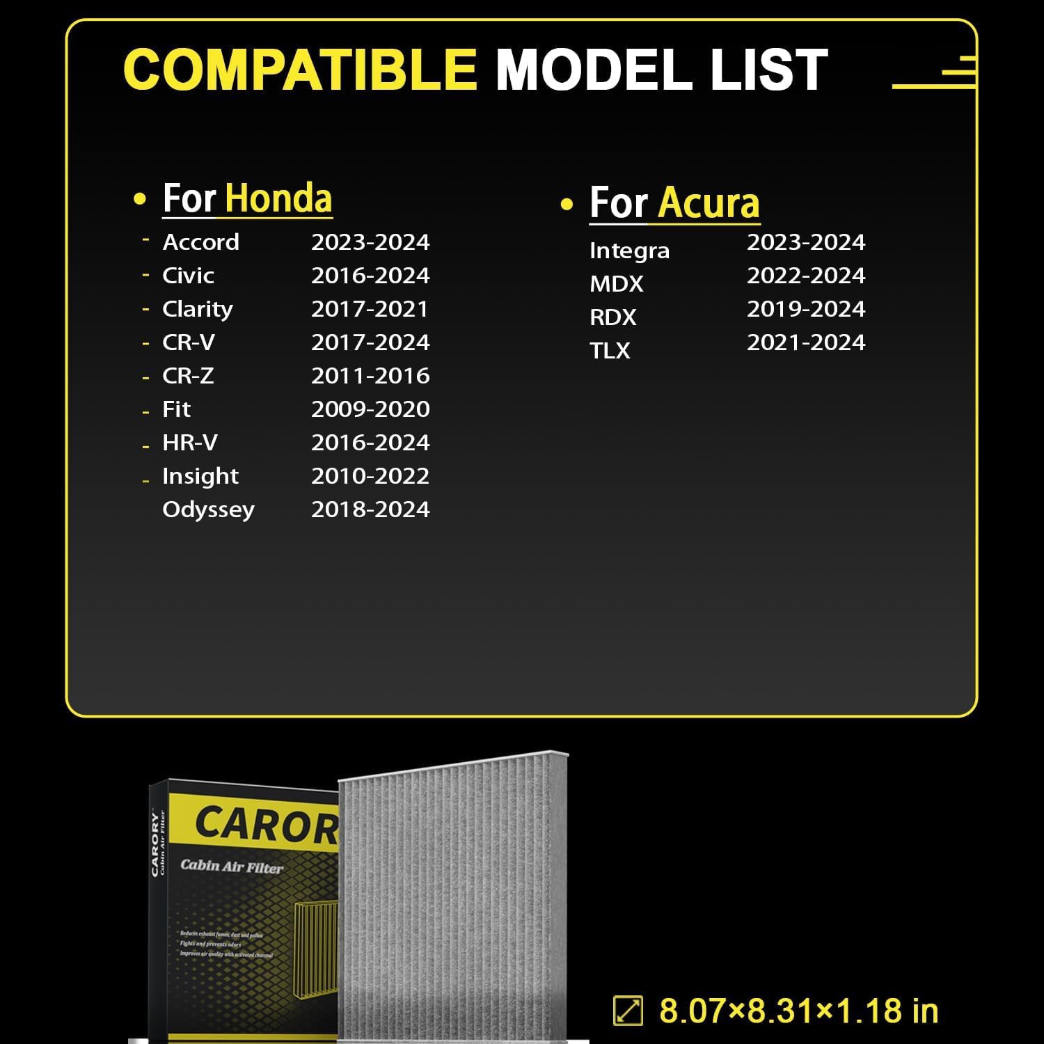 CARORY Cabin Air Filter w/Activated Carbon for Honda Accord 2023-2024, Civic 2016-2024, CR-V 2017-2024, Fit 2009-2020, HR-V 2016