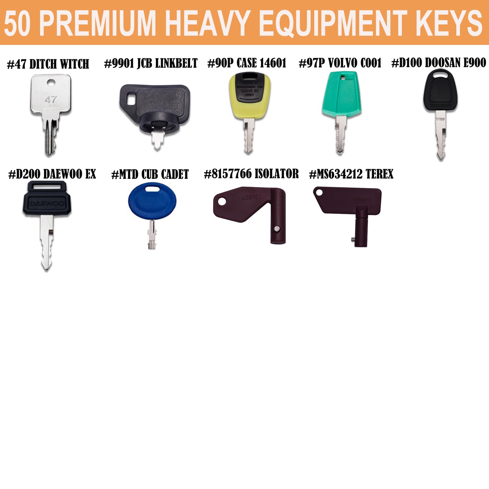 50 Heavy Equipment Keys Master Set Construction Ignition Keys Set Fits Catrepillar Case Jd Gehl Jcb Hyster Jlg Komatsu Kubota Ya