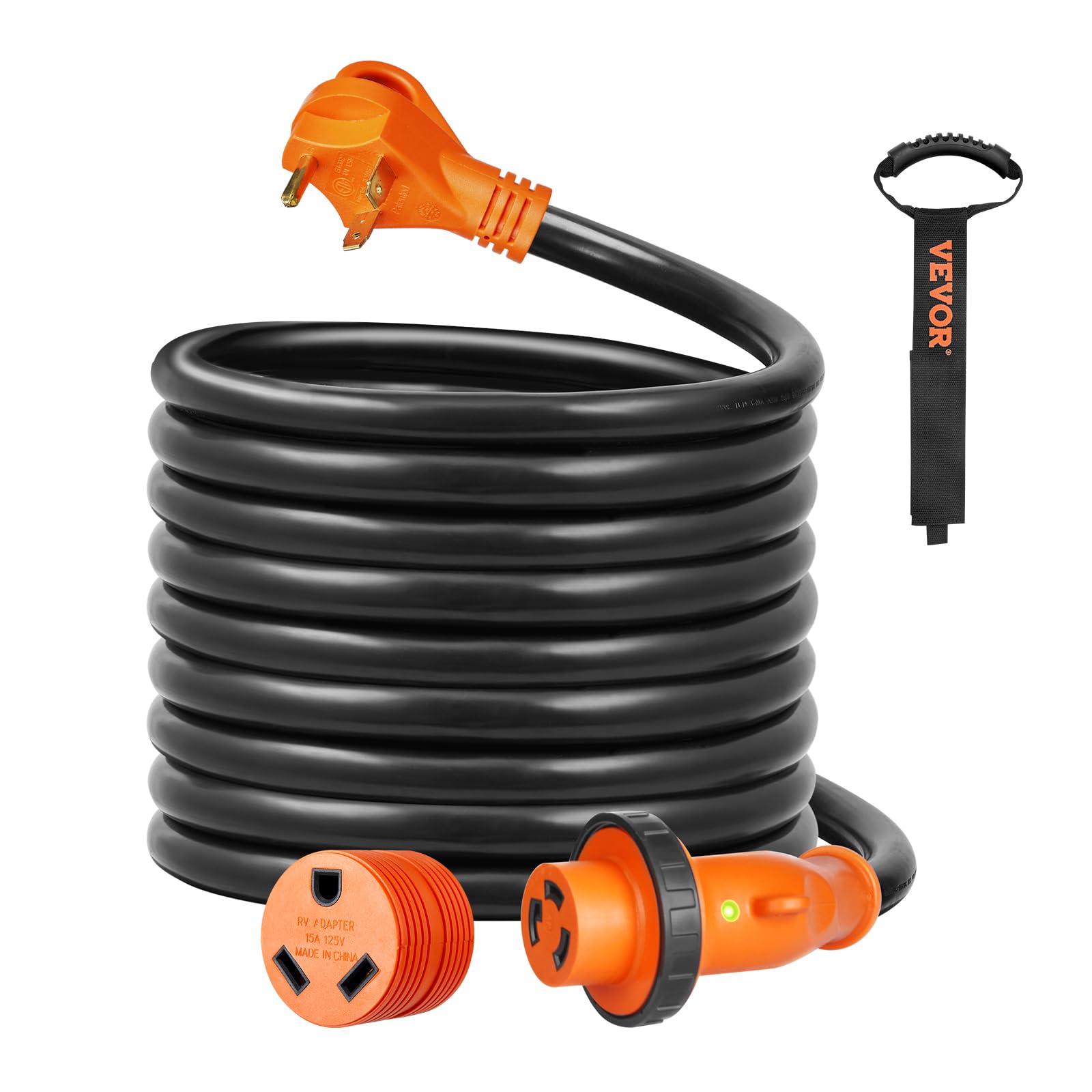 VEVOR 15 Feet RV Power Cord, 30 Amp, Heavy Duty STW 3 * 10AWG Generator Cord, NEMA TT-30P Male NEMA L5-30R Female Plug, with LED Indicator Handle 15A Adapter, for RVs, ETL Listed -Like New