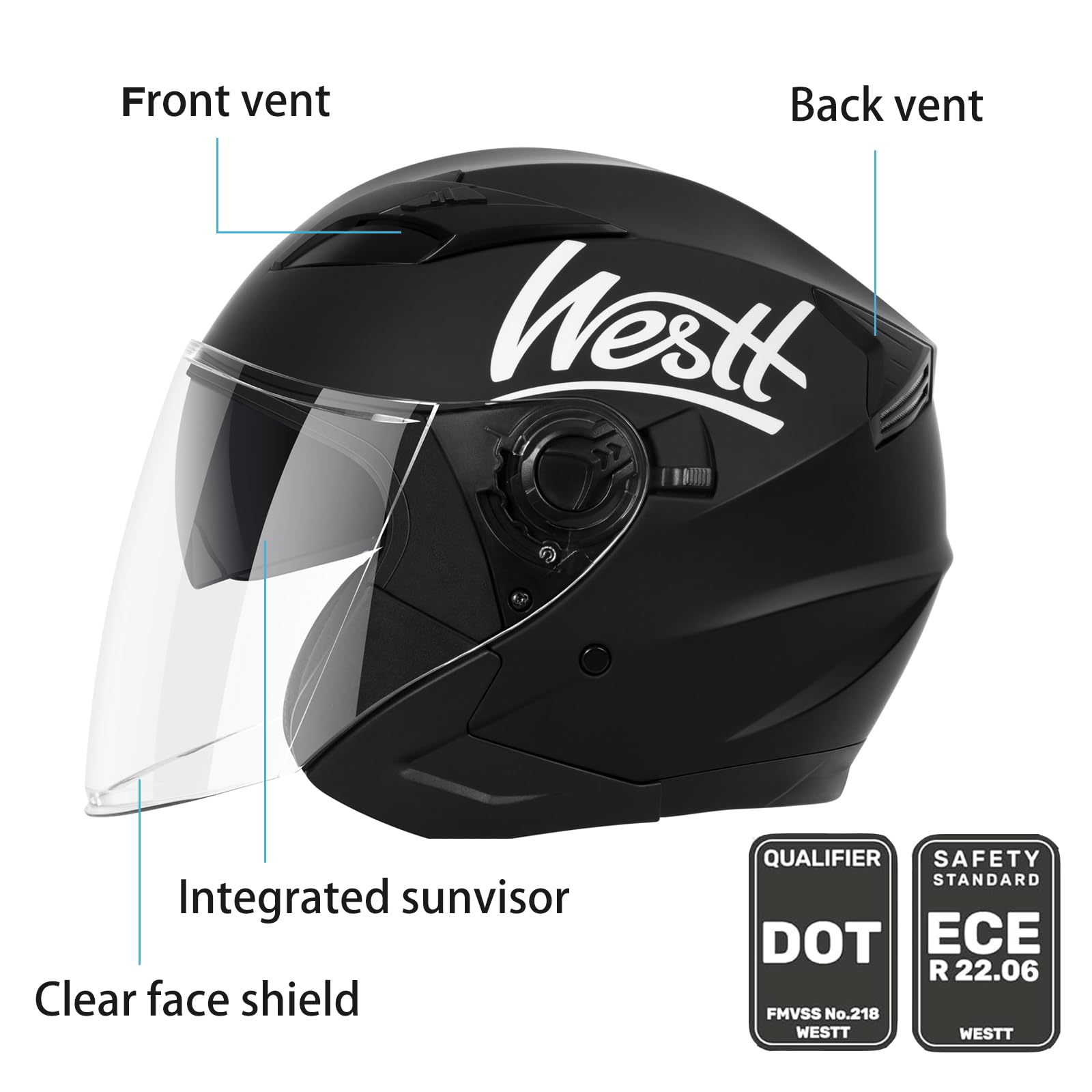 Westt Open Face Helmets With Dual Sun Visor– Motorcycle Helmet For Men And Women 3/4 Helmets Vespa Helmet Dot Approved For Scooter Motorbike Street Jet Series