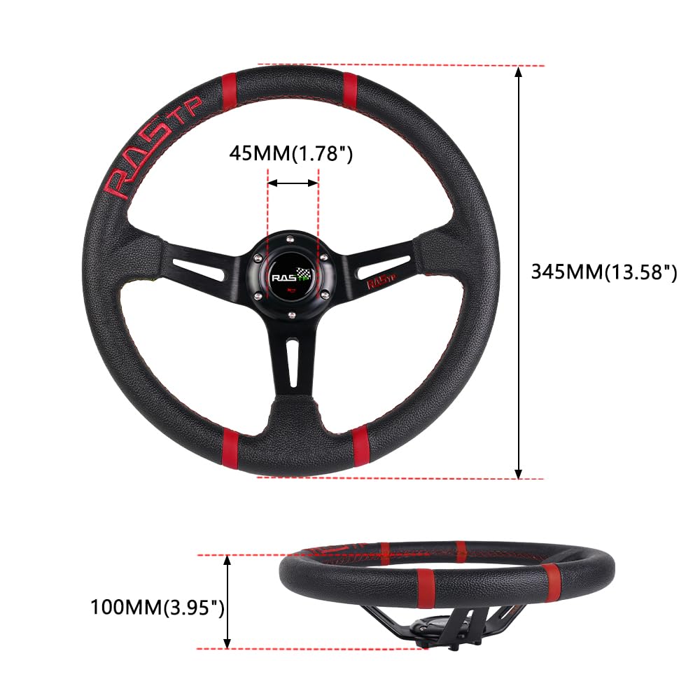 RASTP Universal Racing Steering Wheel,Deep Dish Steering Wheel Leather Embroidery 13.58”/345mm 6 Bolts with Horn Button Include Cable, Wrench,Black