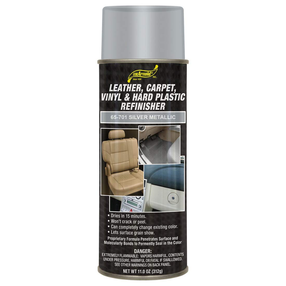 Sm Arnold Refinishing Spray Paint - Silver Metallic 11 Oz. - For Leather, Carpet, Vinyl, Metal, Plastic, Polycarbonate, Polyprop