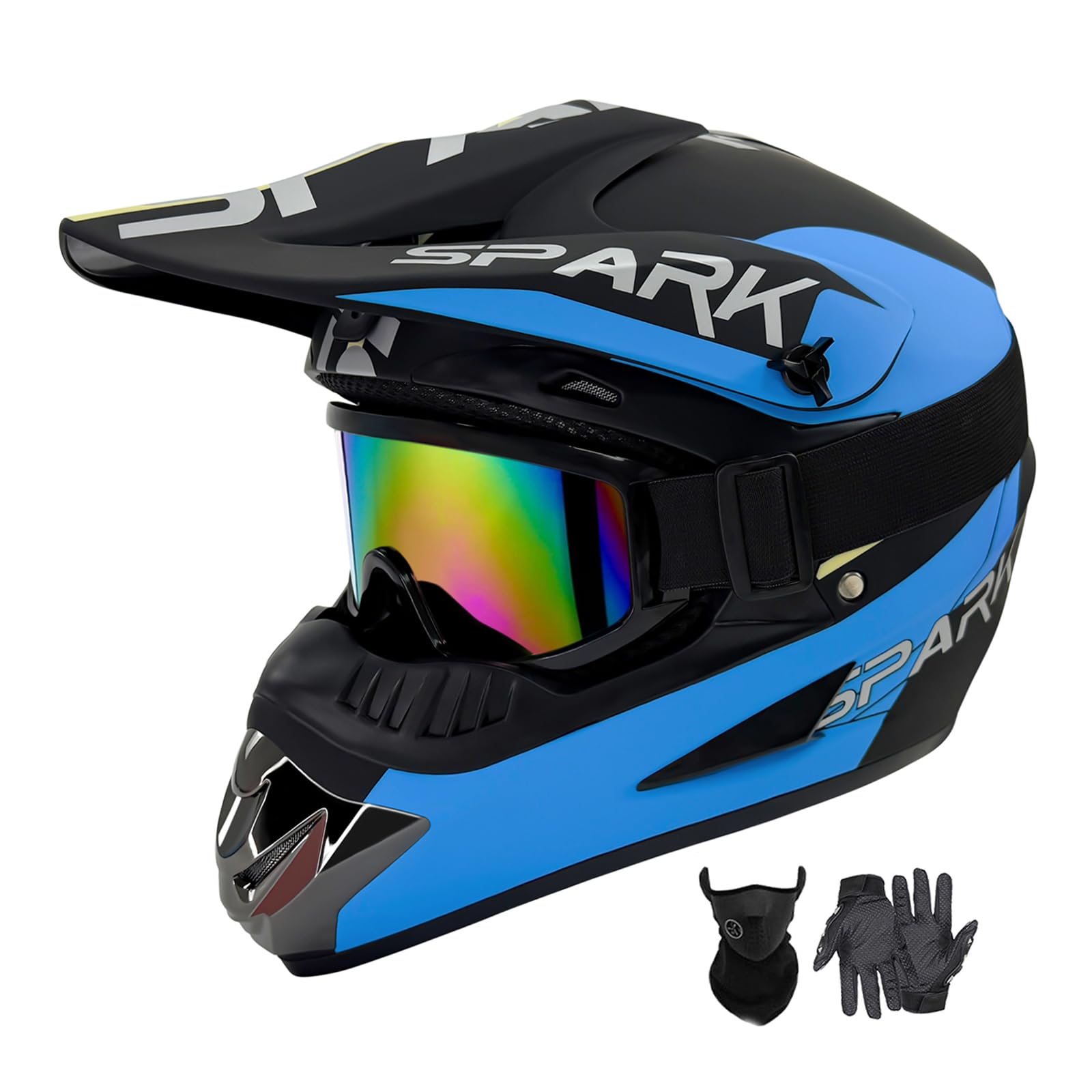 Dirt Bike Helmets Youth Adult Motocross Off-Road Motorcycle Moutain Bike Helmet Dot Approved Goggles Gloves Faceshield Blue (Bla