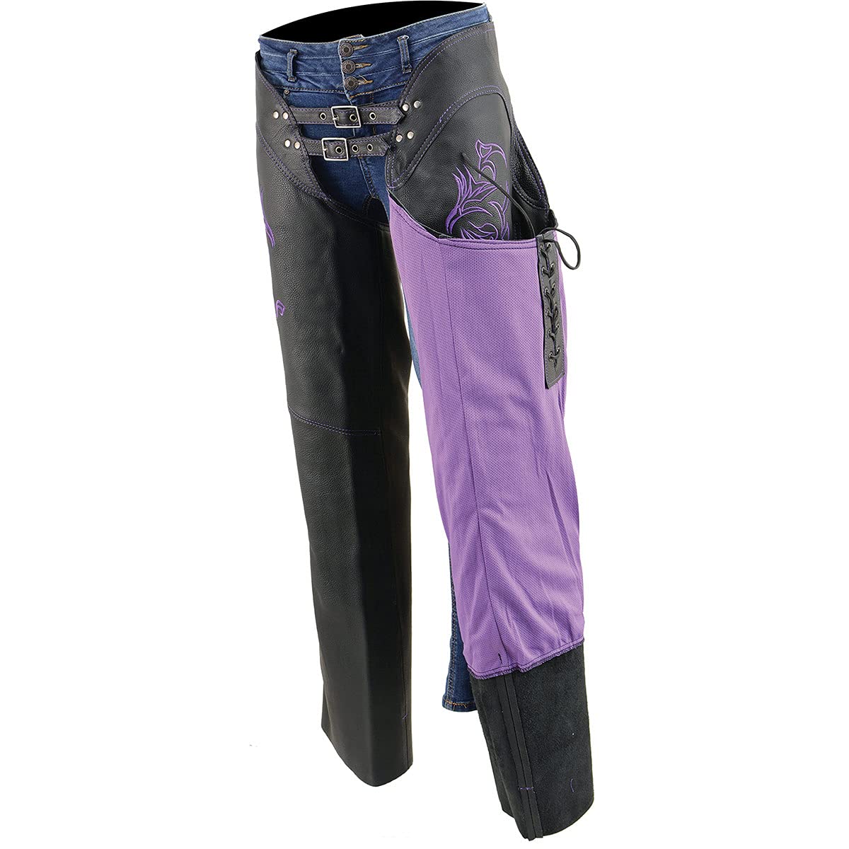 Milwaukee Leather Chaps for Women Black and Purple Low-Rise Waist- Double Buckle Reflective Embroidery Motorcycle Chap- ML1187-3