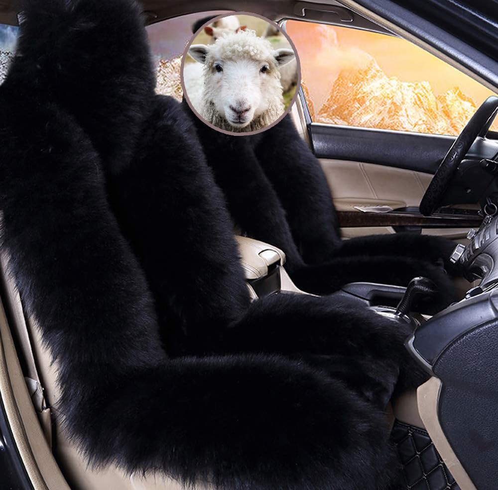 Gracefur Sheepskin Car Seat Cover Genuine Wool Seat Cover Fluffy Fur Front Seat Covers Fits Cars, Trucks, SUV, or Van (Black)