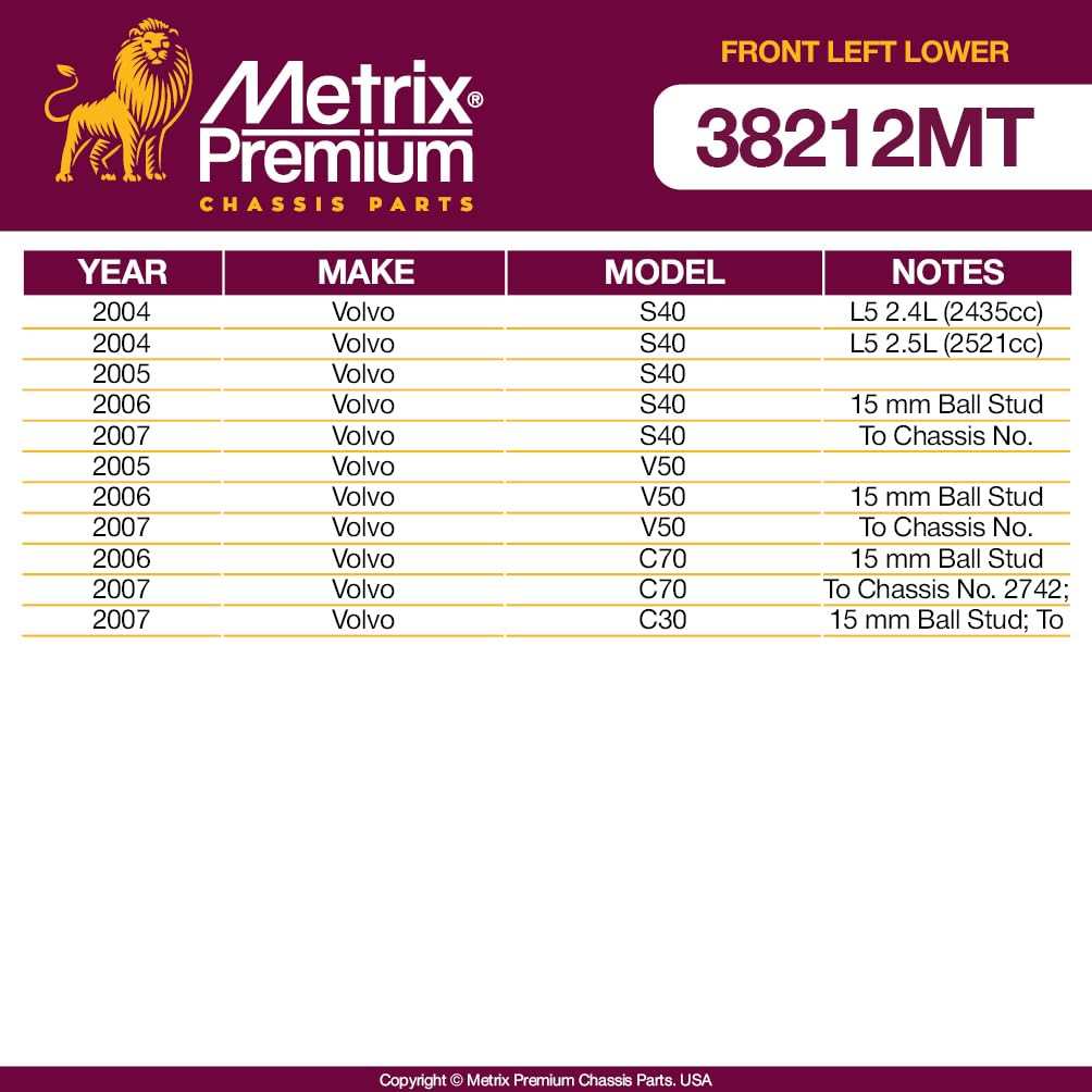 Metrix Premium Chassis Parts - Front Left Lower Control Arm W Ball Joint & Bushing Assembly Fits 07 Volvo C30, 06-07 Volvo C70,