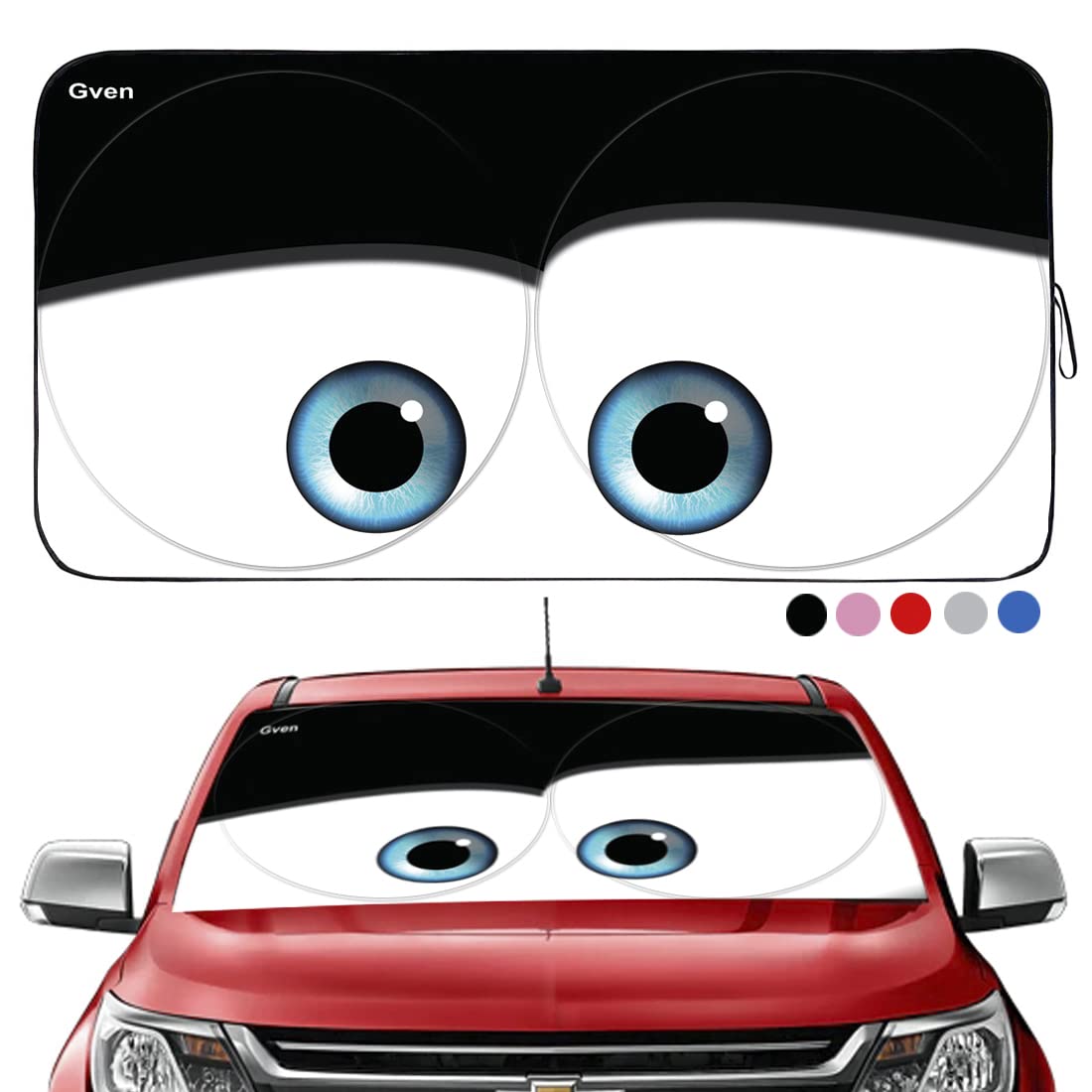 Gven Windshield Sun Shade, Car Sun Shade For Front Window Funny Car Eyes Sunshades Sun Visor Protector Blocks Uv Rays Foldable 2