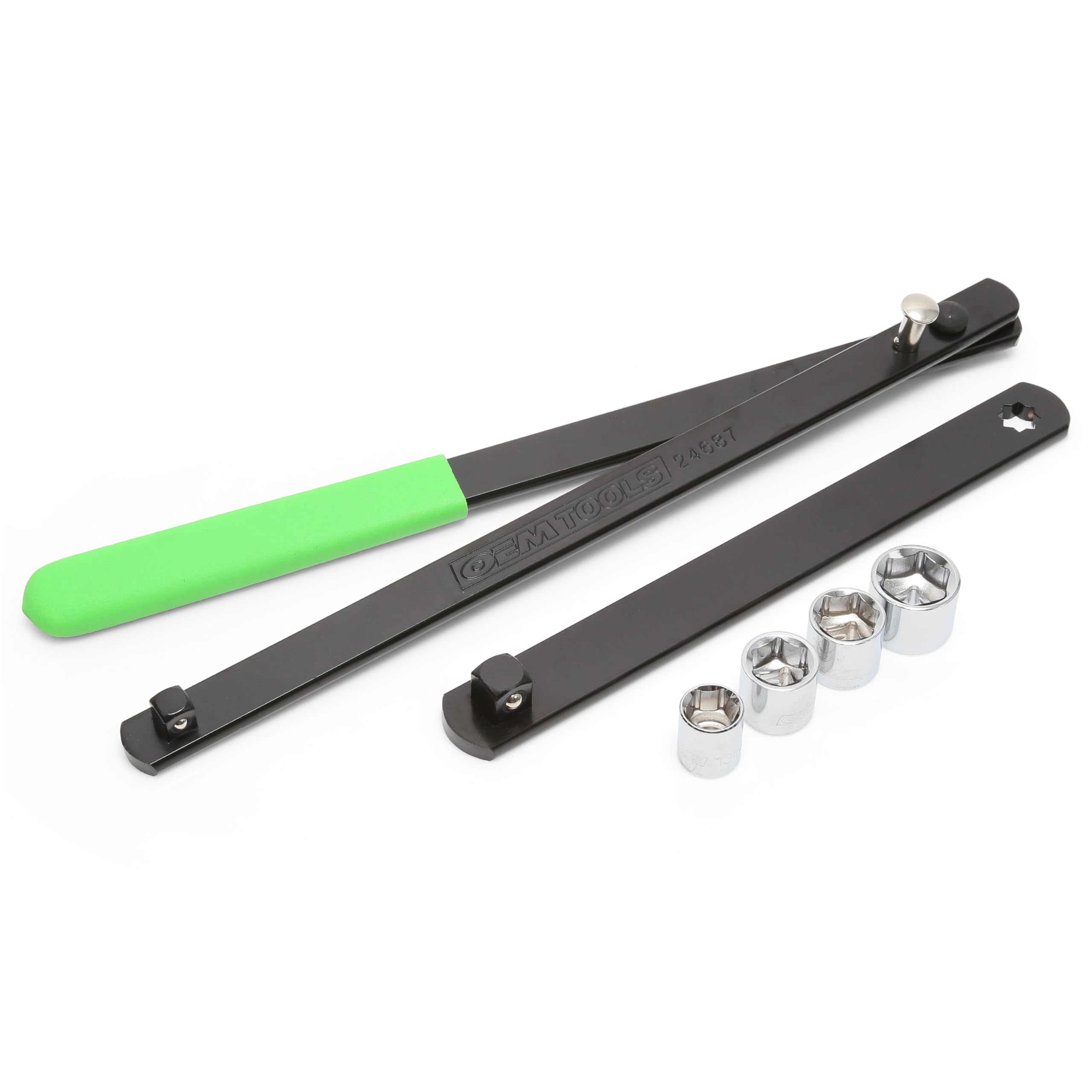 OEMTOOLS 24687 Serpentine Belt Tool Set, Includes 3/8 Drive Handle, 1/2 & 3/8 Square Drive Adapters, & 4 Shallow Sockets (13, 15